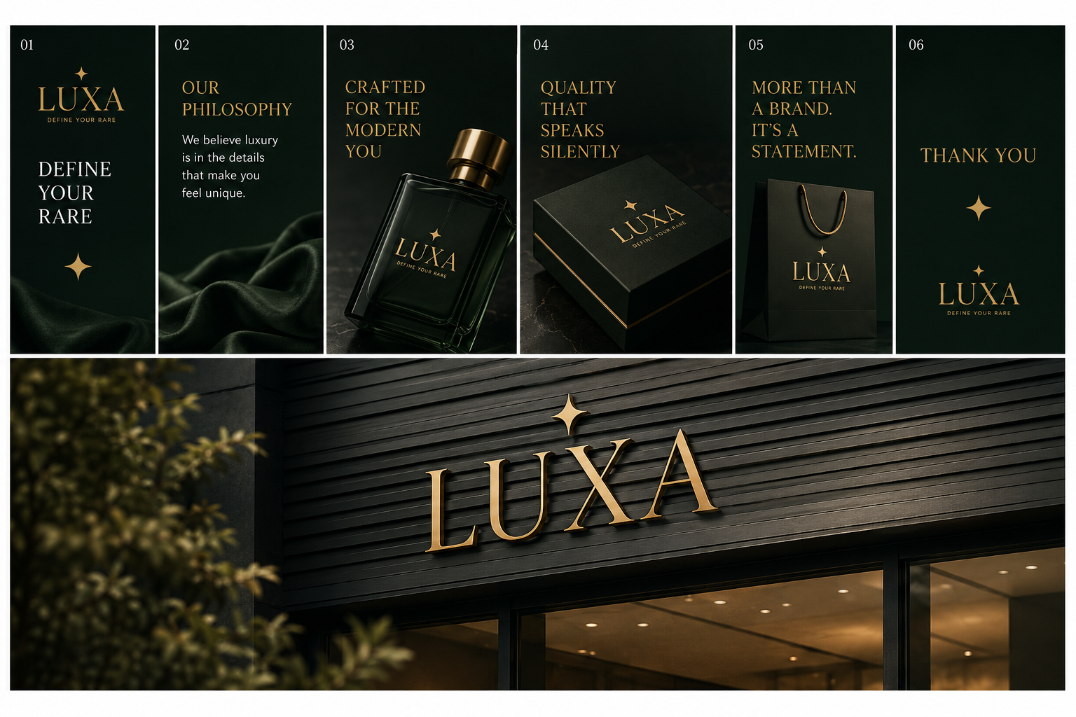 LUXA LinkedIn Story Carousel and Architectural Signage Mockup